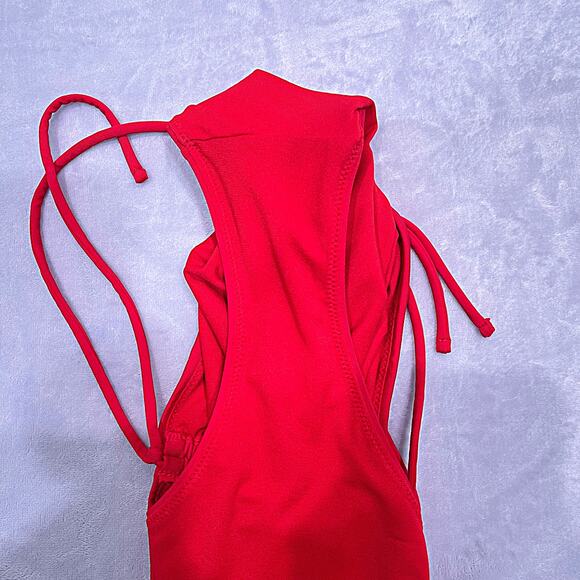 ATHLETA Swim Cinch Full Coverage Bikini Bottom Red Nylon UPF 50 Womens Medium - Picture 4 of 6